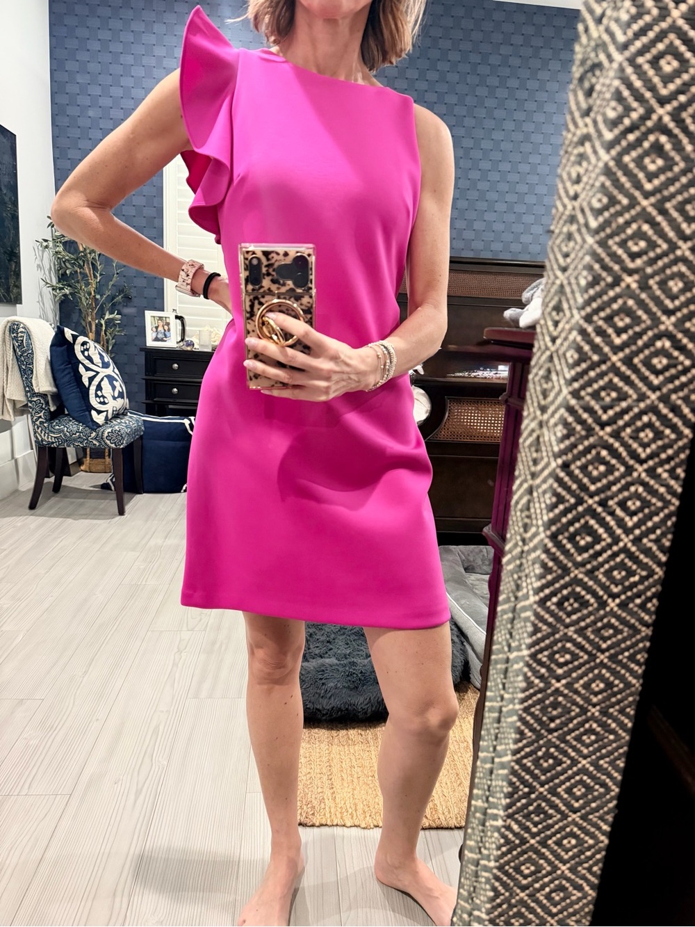 Vince Camuto One-Shoulder Ruffle Shift Dress in Hot Pink
